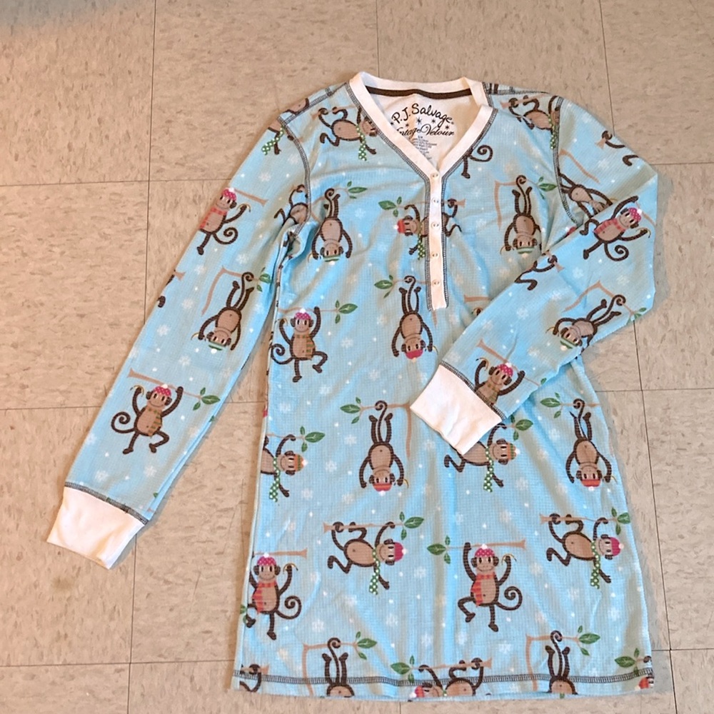 PJ Salvage Women's Vintage Velour Monkey Henley Sleep Shirt Gown Size XS